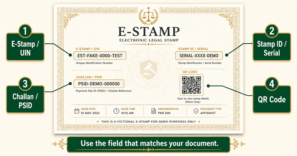 E stamp verification numbers including UIN serial challan and QR code