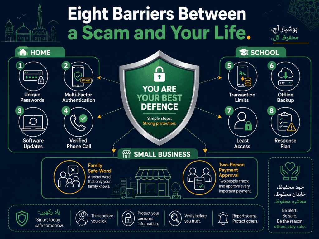 Cyber crime prevention shield with passwords, MFA, updates, verification, limits, backups, and response planning.