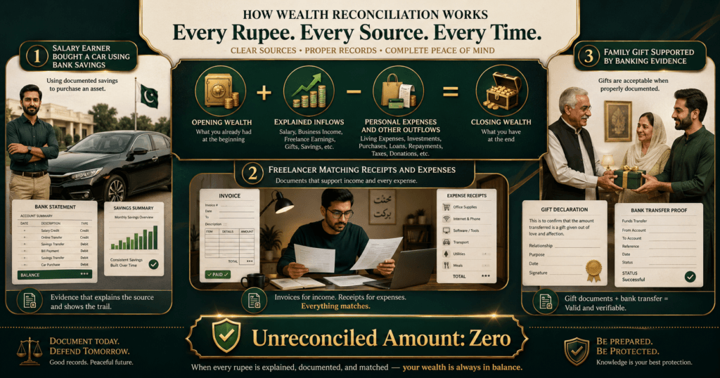 Wealth statement reconciliation using opening wealth income expenses and closing wealth