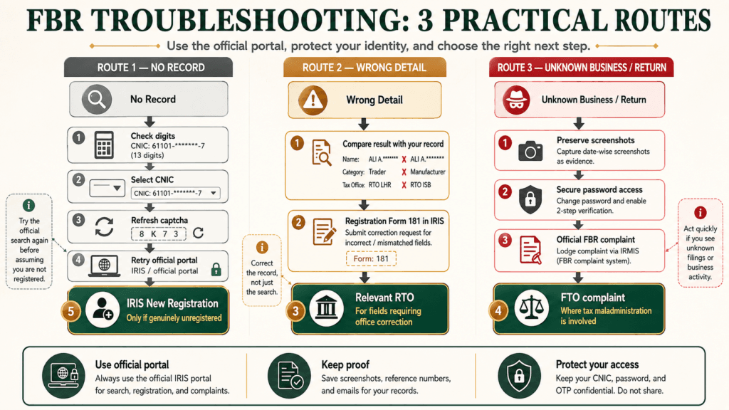 Official troubleshooting routes for no NTN record, incorrect FBR details and unknown tax activity