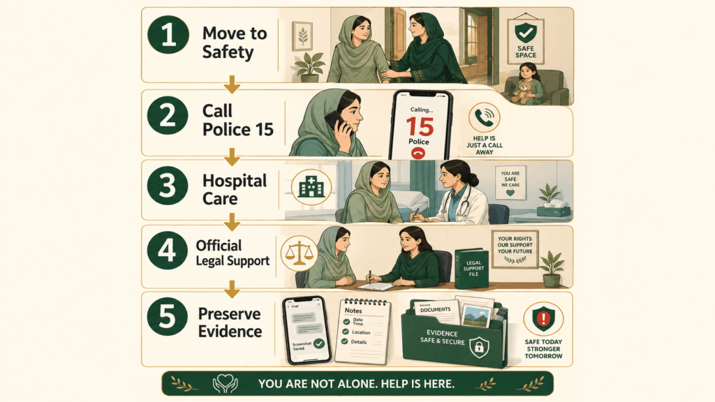 First 24 Hours Safety Steps in Pakistan Five safe first steps after domestic violence in Pakistan including Police 15 and medical care