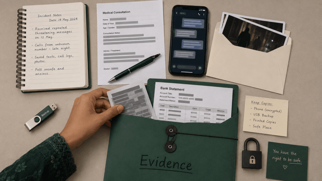 How to Preserve Abuse Evidence Safely Safe evidence checklist with incident log, medical record, messages and secure document copies