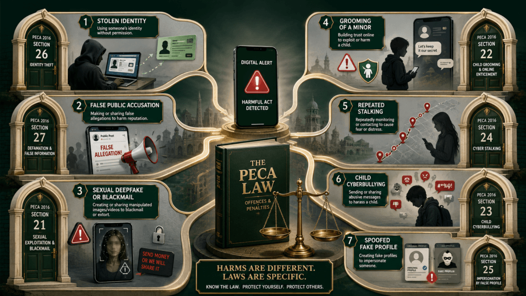 PECA sections that may apply to cyber bullying, identity misuse, cyberstalking, grooming and sexual blackmail