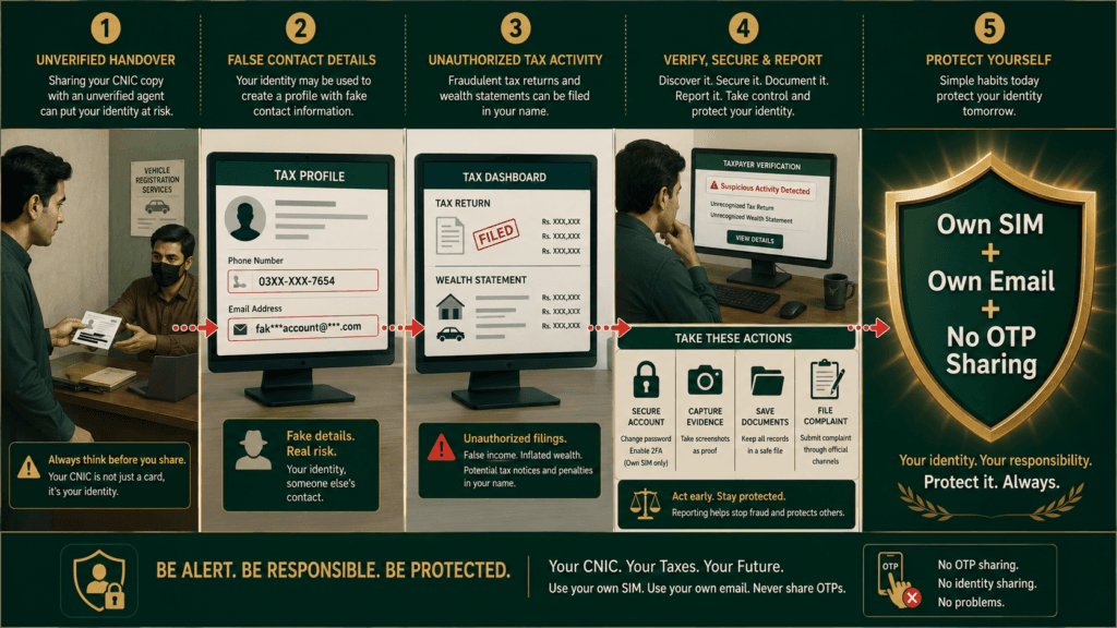 FTO identity misuse lesson about an unauthorised NTN and return created after sharing a CNIC copy