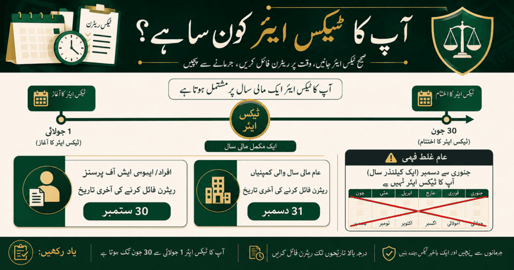 Tax Year 2026 timeline from July 2025 to June 2026 with standard filing dates