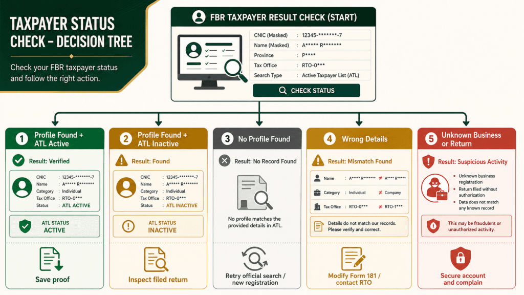 Meaning of active, inactive, no record, wrong details and unknown activity in an FBR NTN result