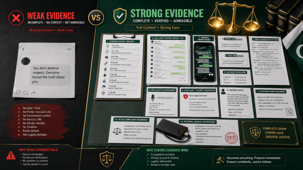 Strong cyber bullying evidence file compared with one weak cropped screenshot
