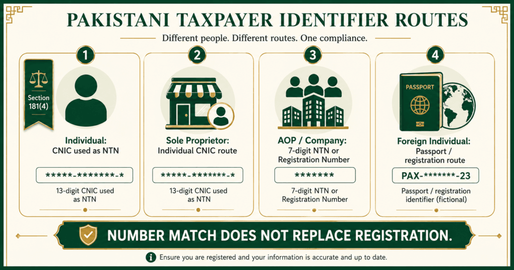 CNIC and NTN Identifier Rules in Pakistan CNIC as NTN for individuals and seven-digit NTN for AOPs and companies in Pakistan