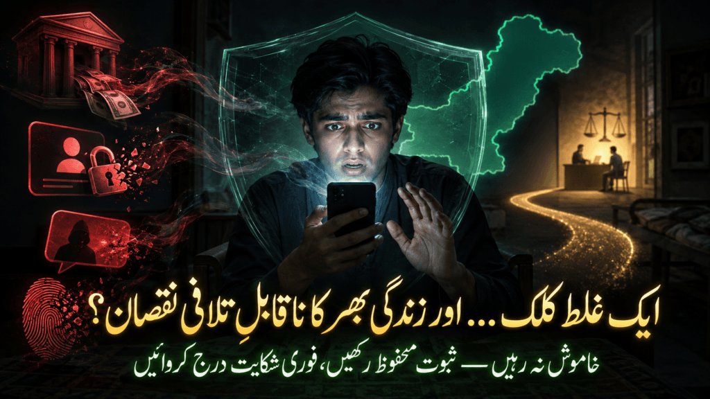 Cyber crime in Pakistan warning showing online fraud, hacking, blackmail and a safe complaint path.