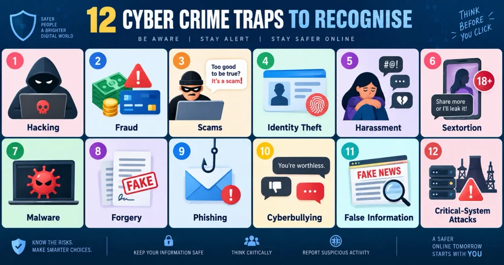 List of Cyber Crimes including hacking, fraud, scams and harassment
