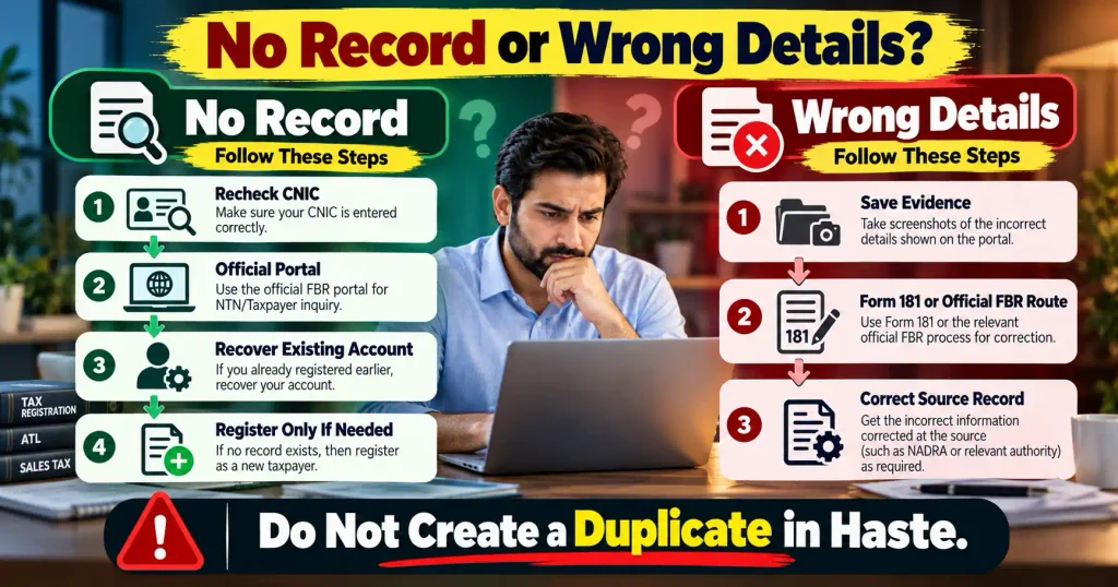Steps to fix no record or wrong taxpayer details in the FBR registration system