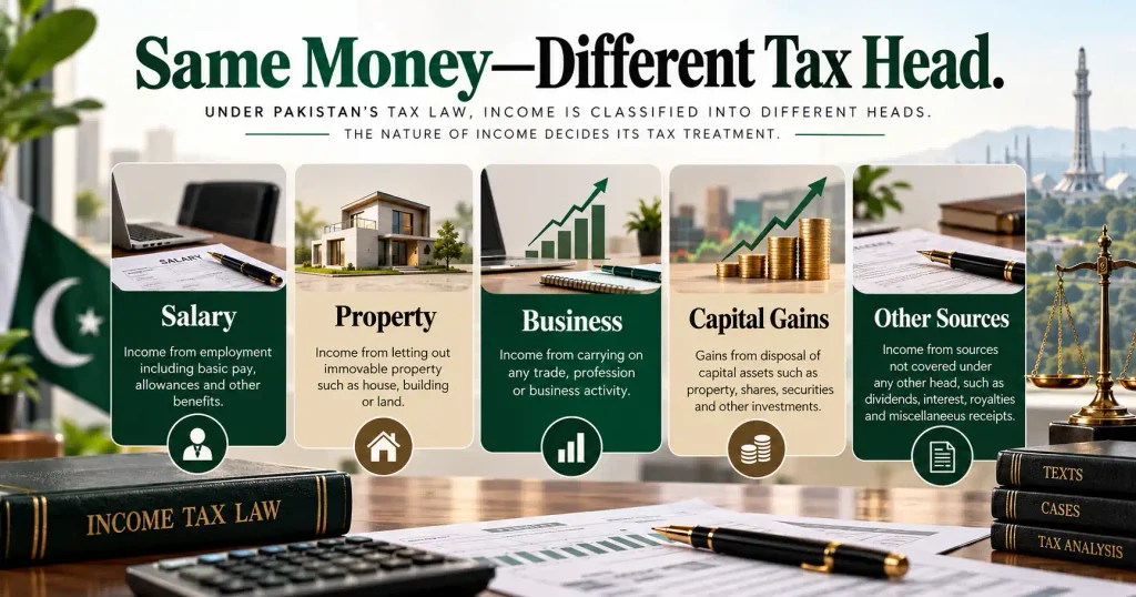 Five heads of income under Pakistan income tax law with practical examples