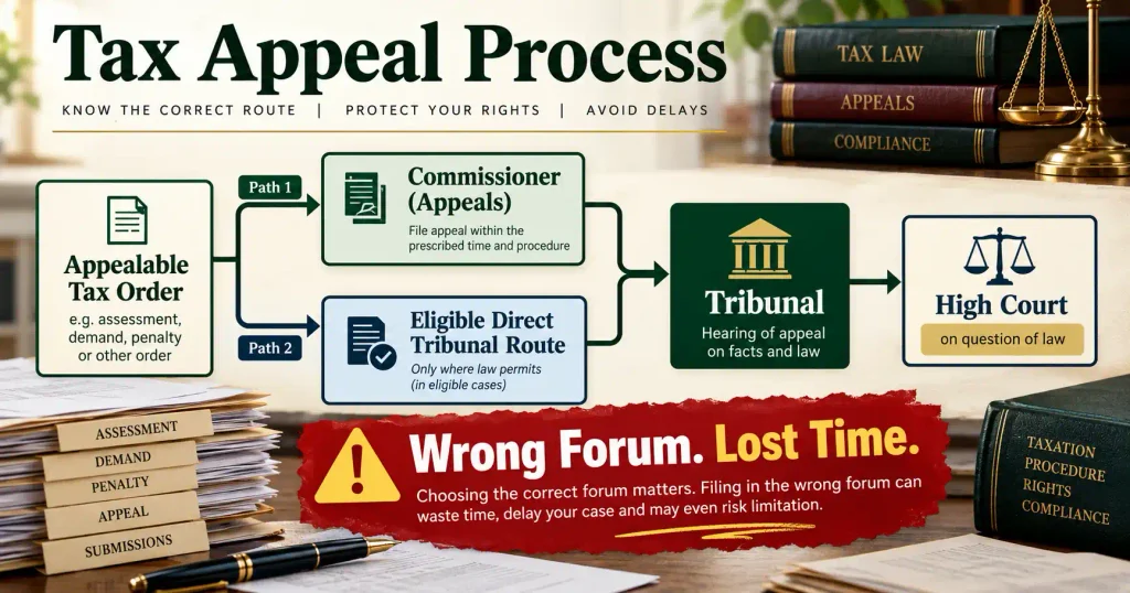 Income tax appeal route from Commissioner Appeals to Tribunal and High Court