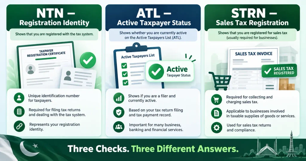 Difference between NTN registration ATL filer status and STRN sales tax registration