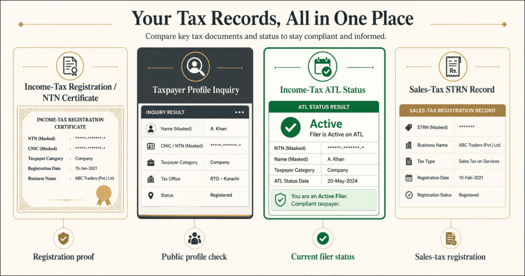 NTN Certificate vs Verification vs ATL vs STRN Difference between NTN certificate, taxpayer profile inquiry, ATL status, and STRN record