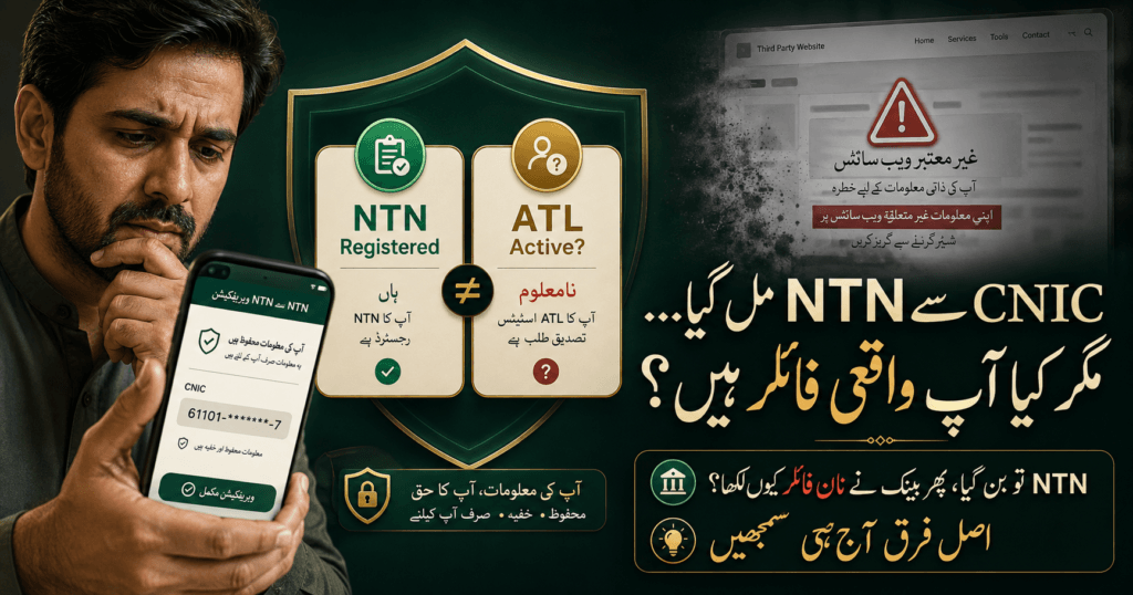 Online NTN verification by CNIC showing the difference between FBR registration and ATL filer status