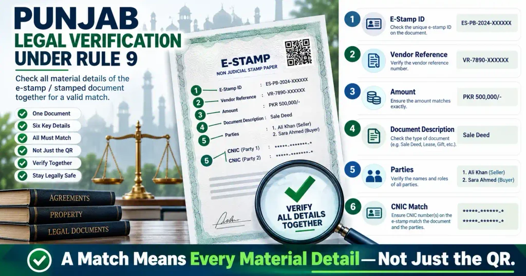 Punjab Rule 9 checks for e-stamp ID, amount, parties and CNIC details