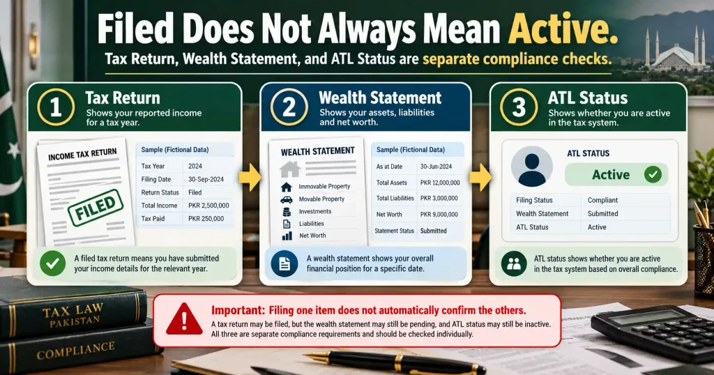 Tax return wealth statement and ATL checks before filing with FBR
