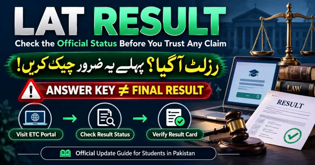LAT Result guide for Pakistan showing official status check, merit understanding and next steps for law students