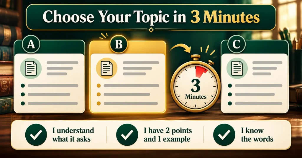 Three-question method for choosing the best of three LAT essay topics in three minutes