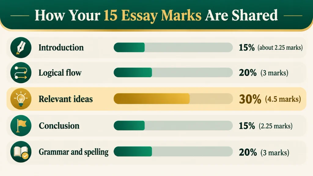HEC essay marking criteria infographic showing how the 15 LAT essay marks are shared