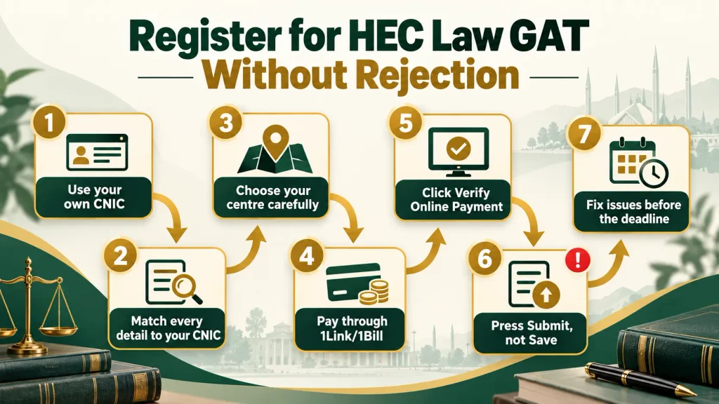 Seven HEC Law GAT registration steps on the ETC portal to avoid rejection