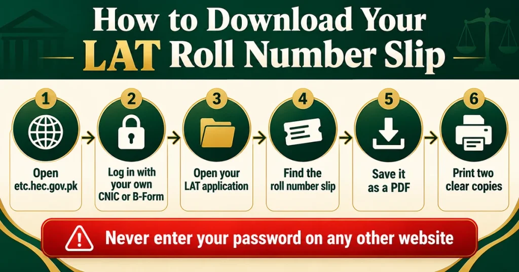 Six steps to download the LAT roll number slip from your own HEC ETC account