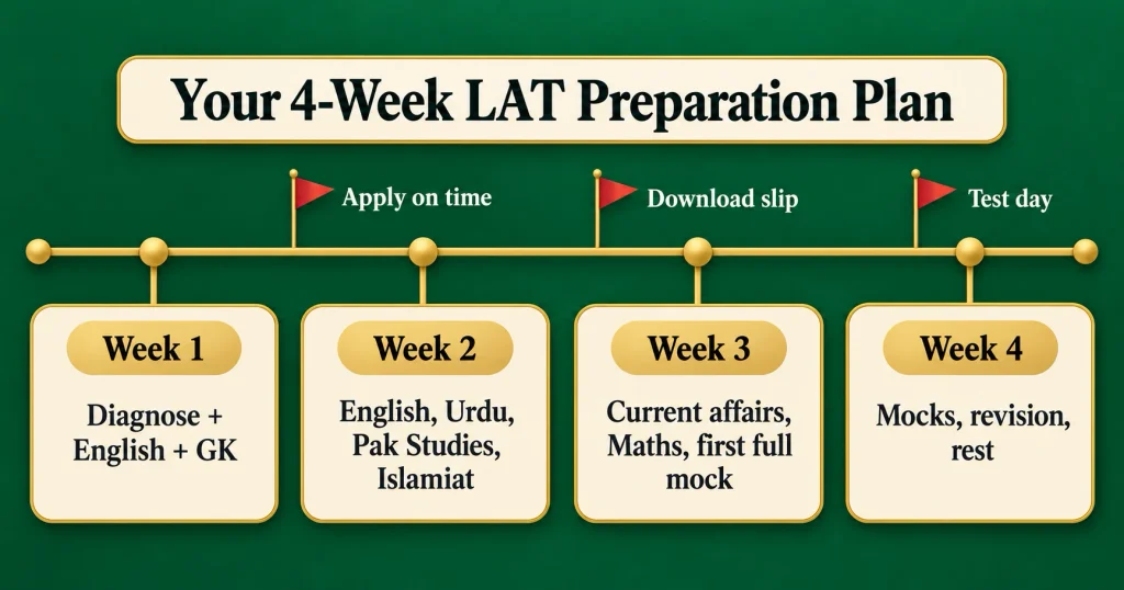 Four-week LAT study plan timeline from first diagnosis to test day, week by week