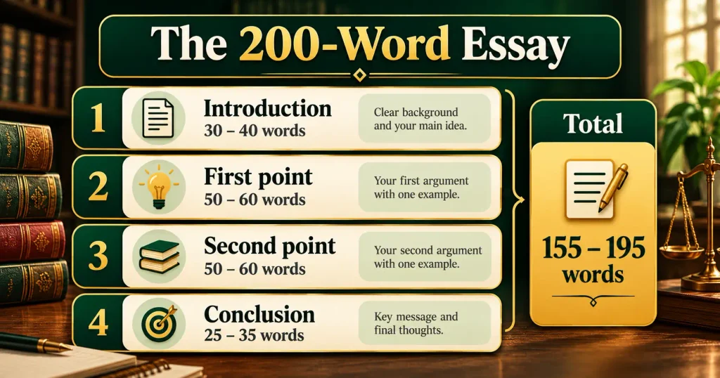 Four-paragraph structure for a 200-word LAT essay with word ranges for each part