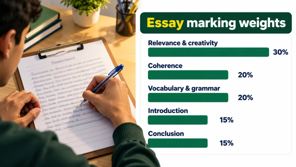 LAT essay and personal statement practice with a clipboard, ball pen and essay marking weights