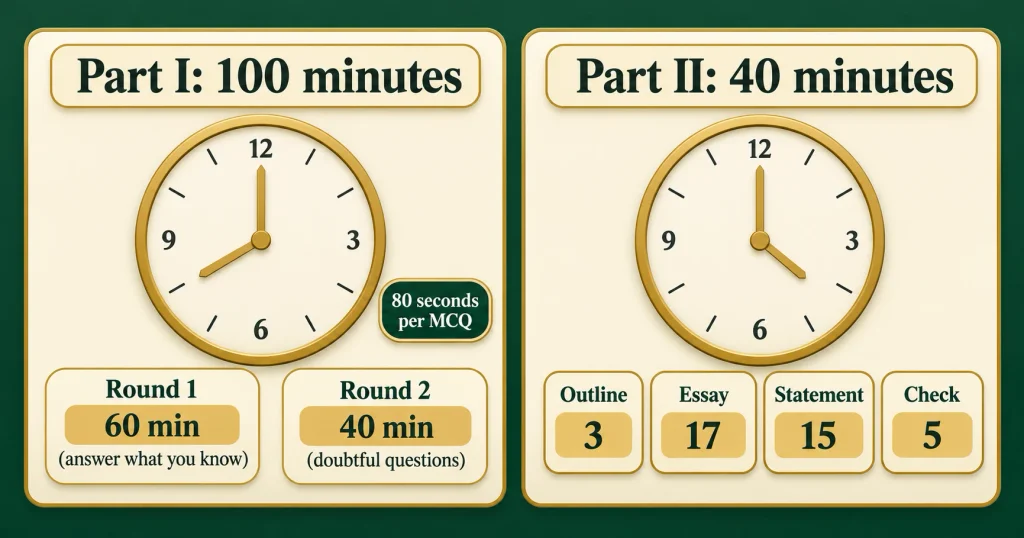 LAT test-day time plan with 80 seconds per MCQ and a 40-minute writing split