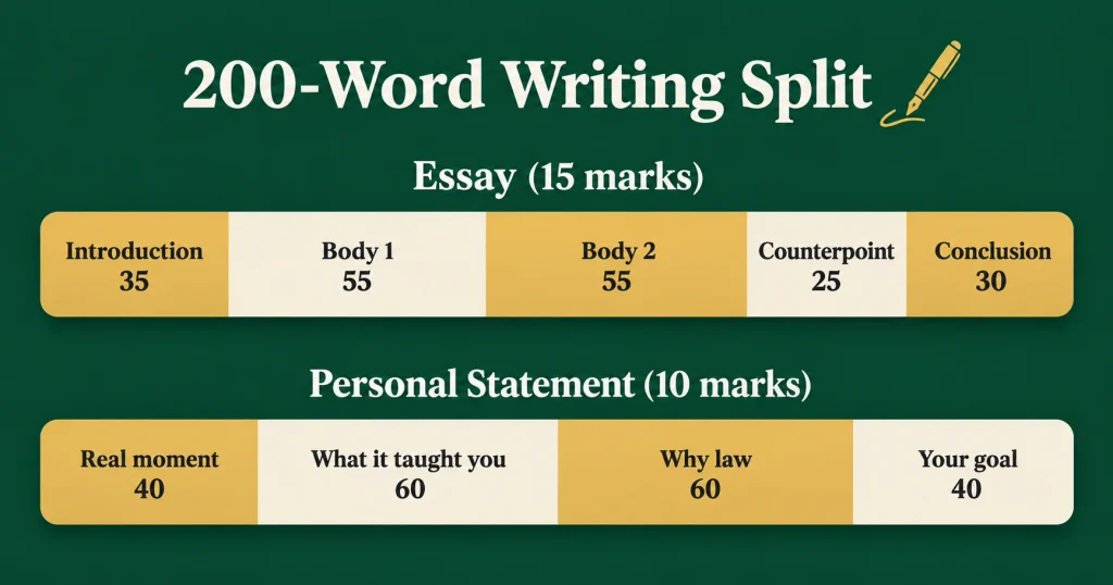 Word budget for a 200-word LAT essay and a 200-word personal statement