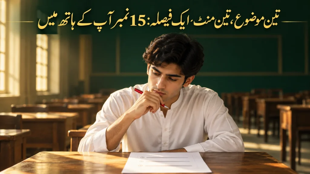 Student choosing one of three LAT essay topics in a quiet exam hall