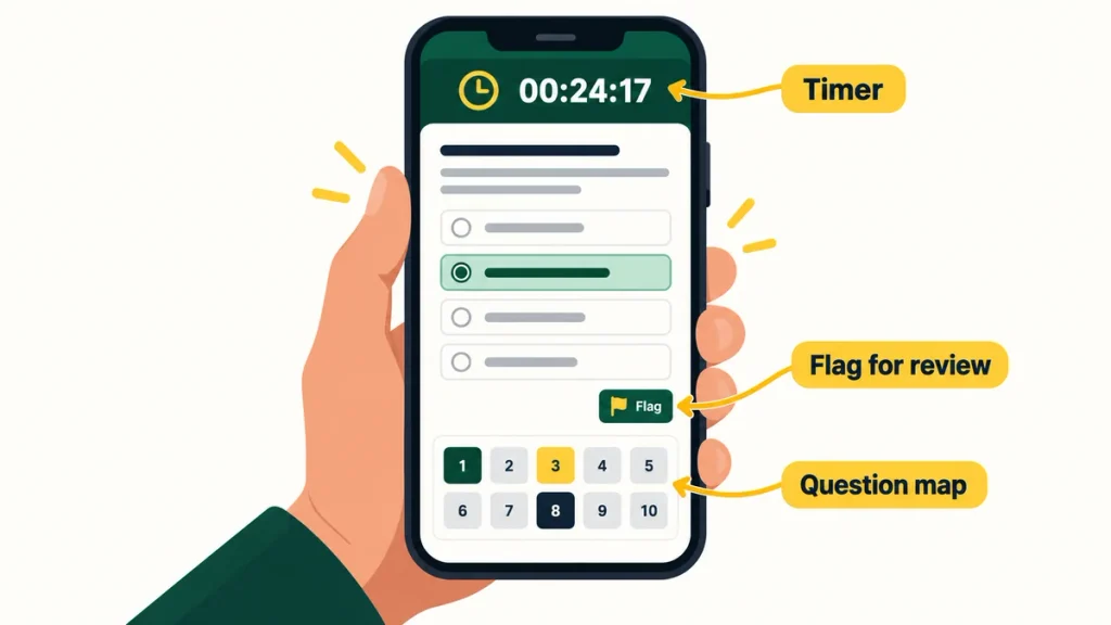 How the LAT mock test works on a phone: timer, question map and four options