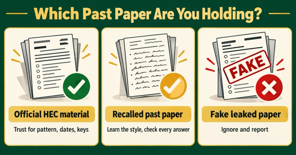 Official HEC material versus recalled LAT past papers and fake leaked papers compared