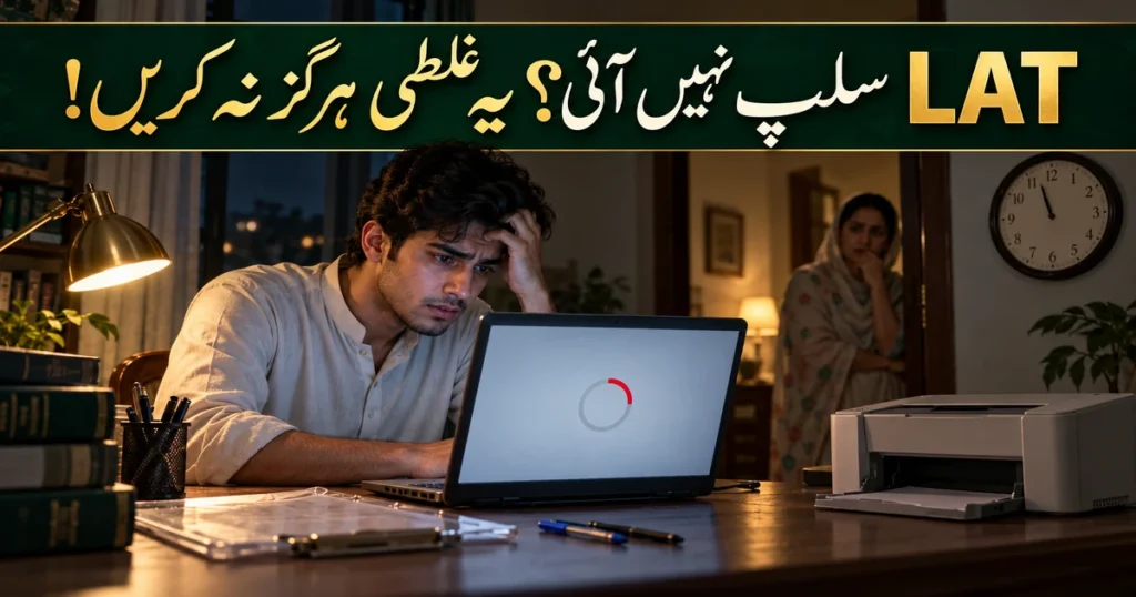 Worried student checking the LAT roll number slip on a laptop the night before the test