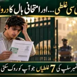 Worried Pakistani student at a test centre gate holding a printed LAT roll number slip