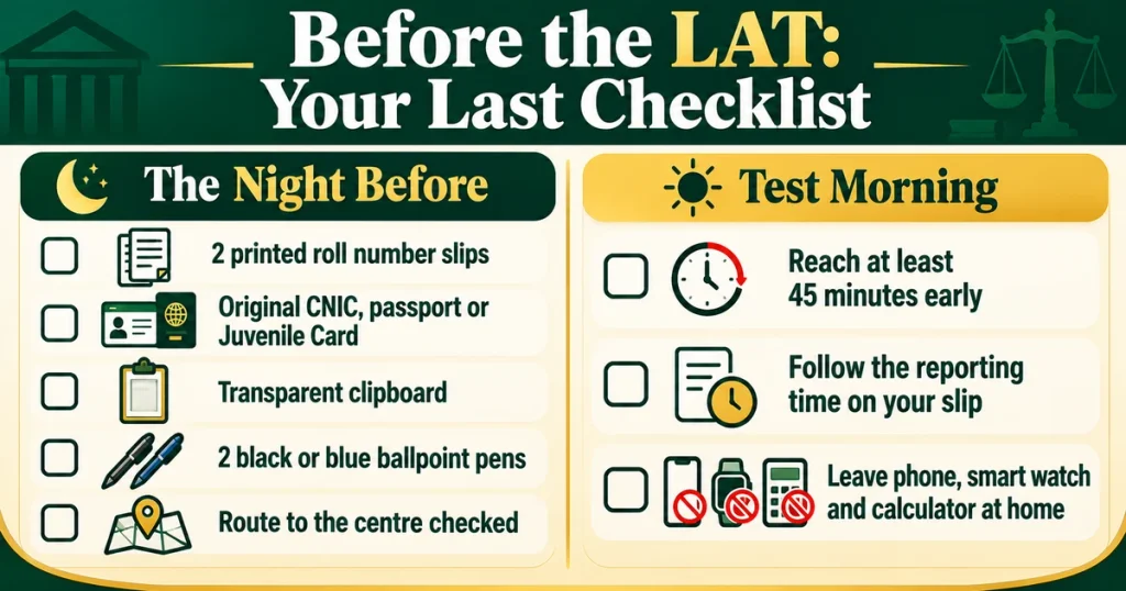 Night-before LAT checklist: printed slip, original ID, clipboard, pens and early alarm