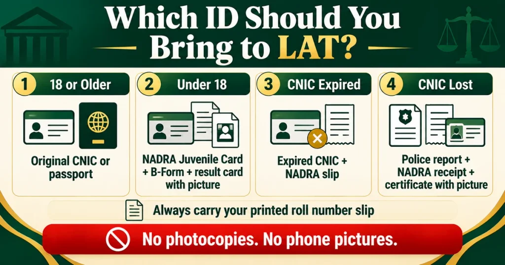 Which ID to bring to the LAT test: adults, under-18 candidates, expired or lost CNIC