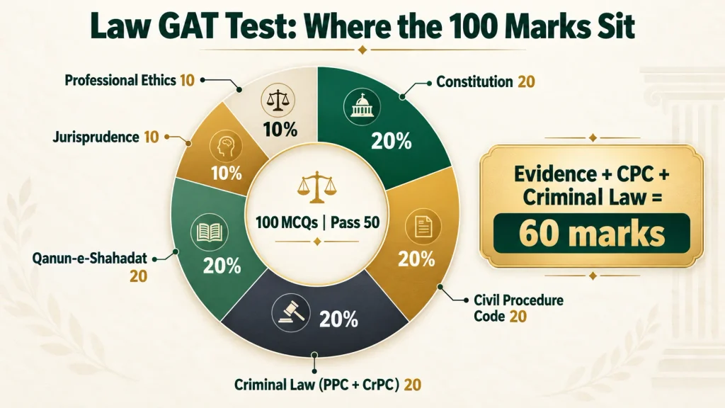 Law GAT test syllabus marks split across six subjects totalling 100 MCQs