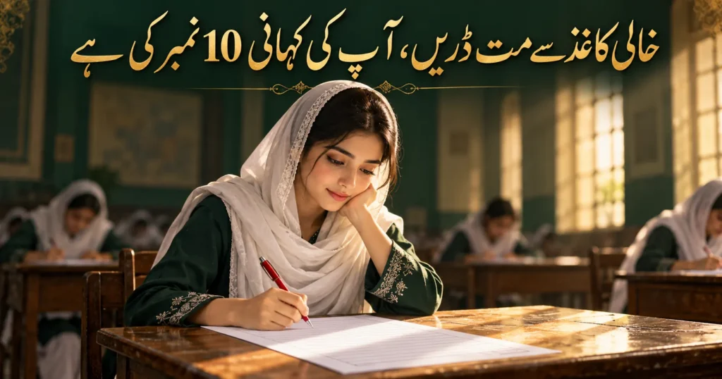 Student writing a personal statement for LAT test in a quiet exam hall