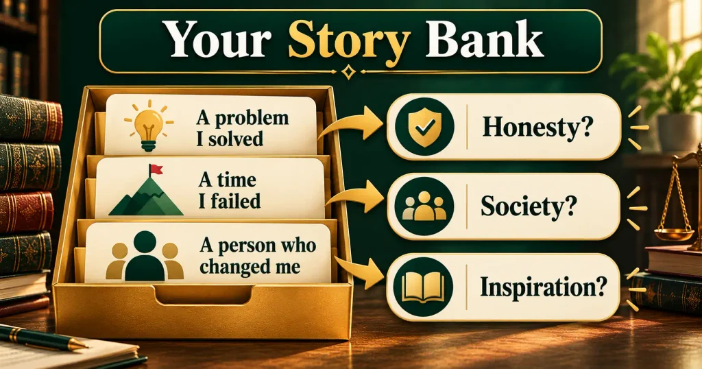 Story bank method linking three true stories to unexpected personal questions