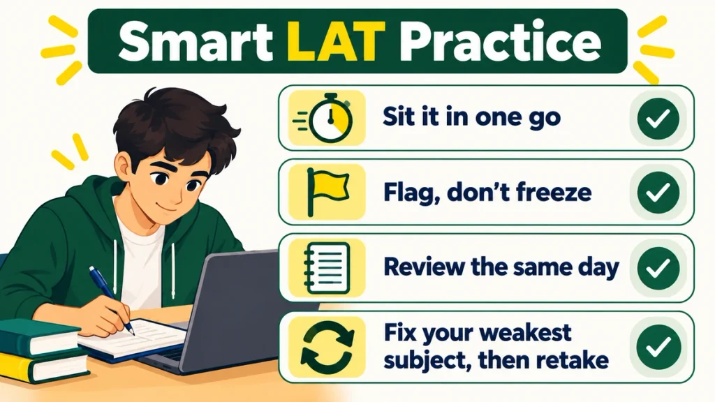 Tips to get more from every LAT practice test: timer, flag, review and retake