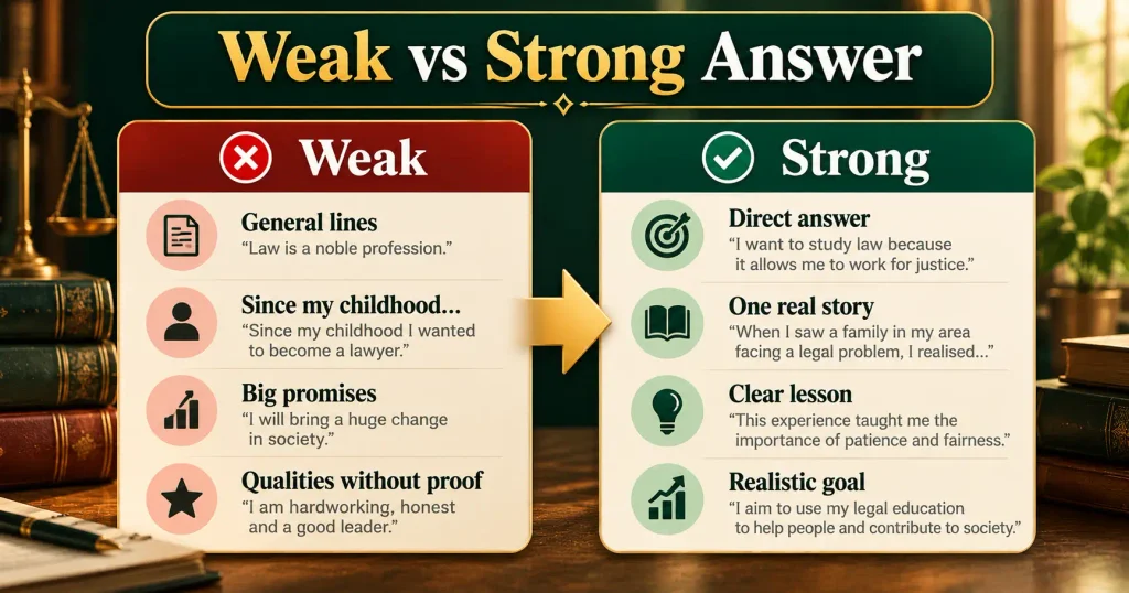 Side-by-side comparison of a weak and a strong LAT personal statement answer